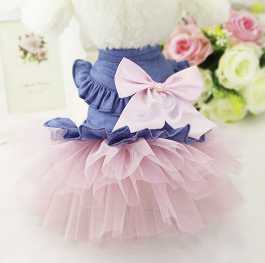 The Bow-Down Denim Tutu Dress - Ruffled Denim & Pearl Bow Pet Outfit