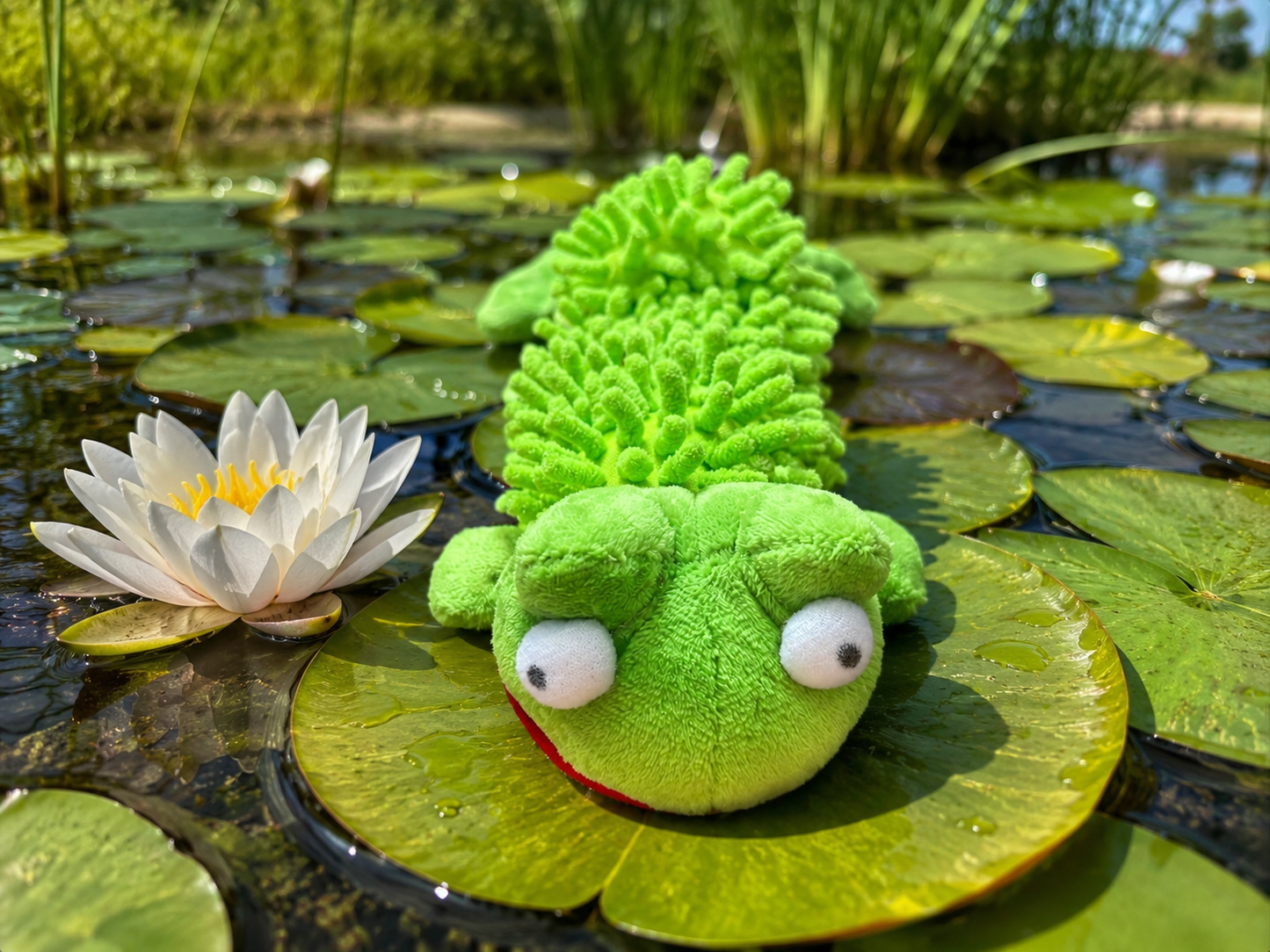 Funny Plush Frog Dog Toy with Crinkle Mop Body & Squeaker | Interactive Dog Toy