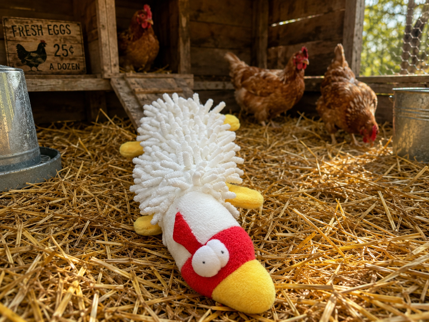 Funny Plush Chicken Dog Toy with Squeaker & Crinkle Mop Body | Interactive Dog Toy