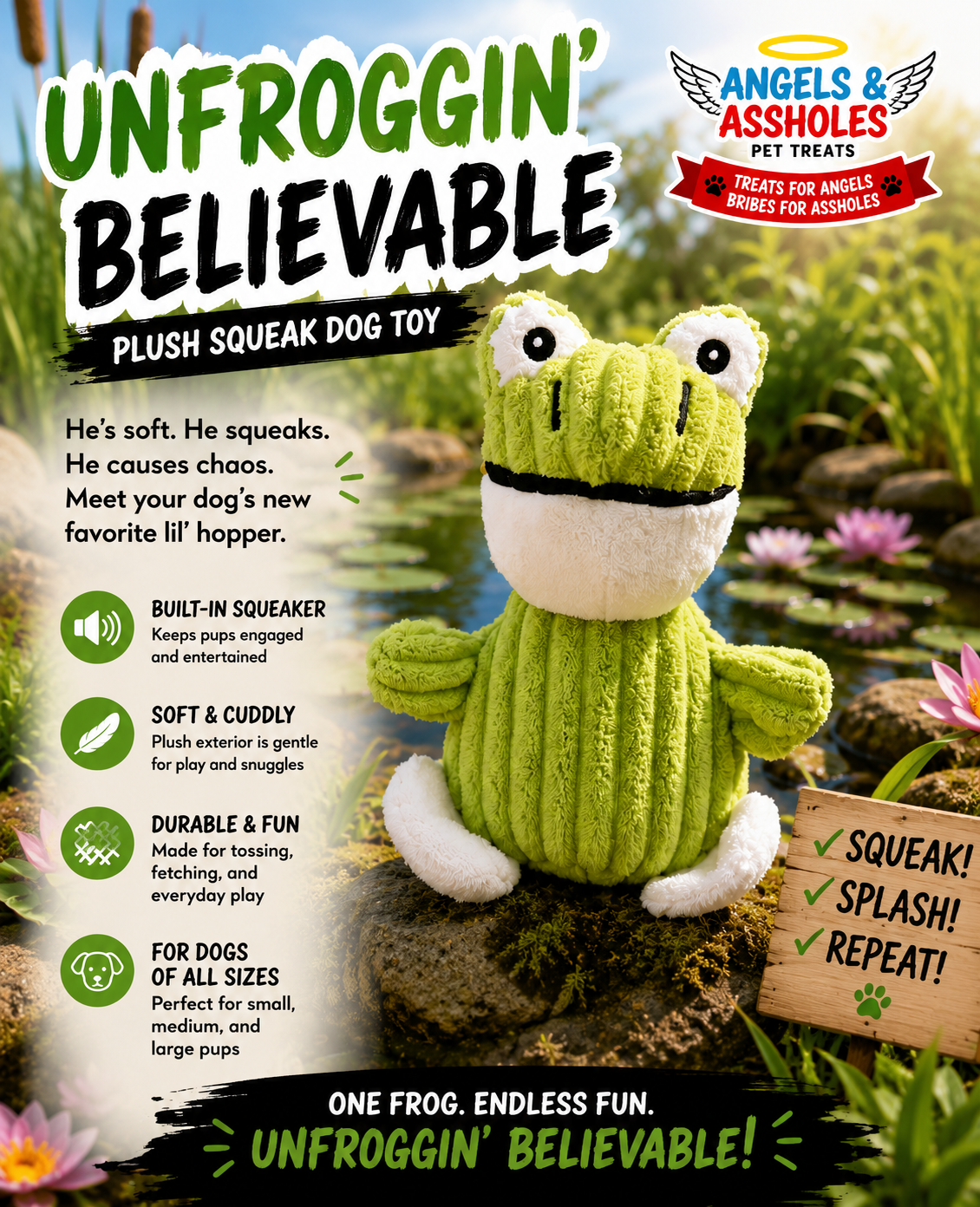 Unfroggin' Believable Plush Squeak Dog Toy