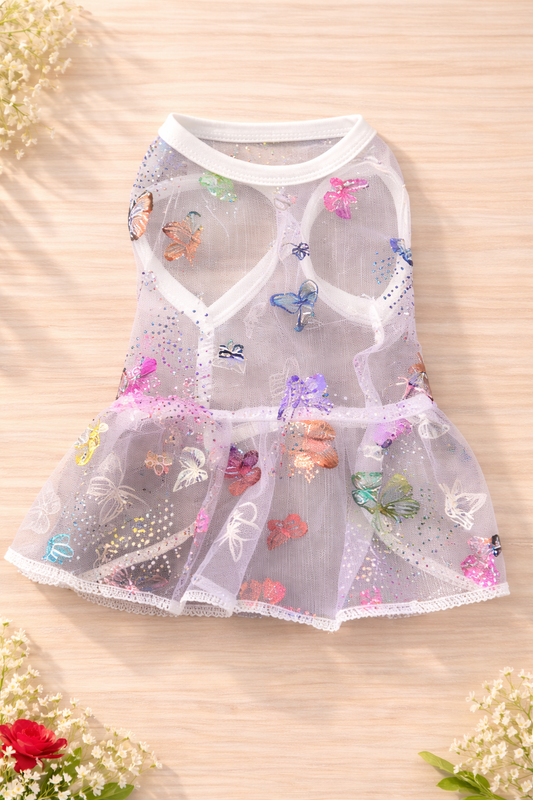 Enchanted Butterfly Breeze Dog Dress - Sheer Mesh Embroidered Pet Gown