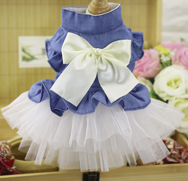 The Bow-Down Denim Tutu Dress - Ruffled Denim & Pearl Bow Pet Outfit